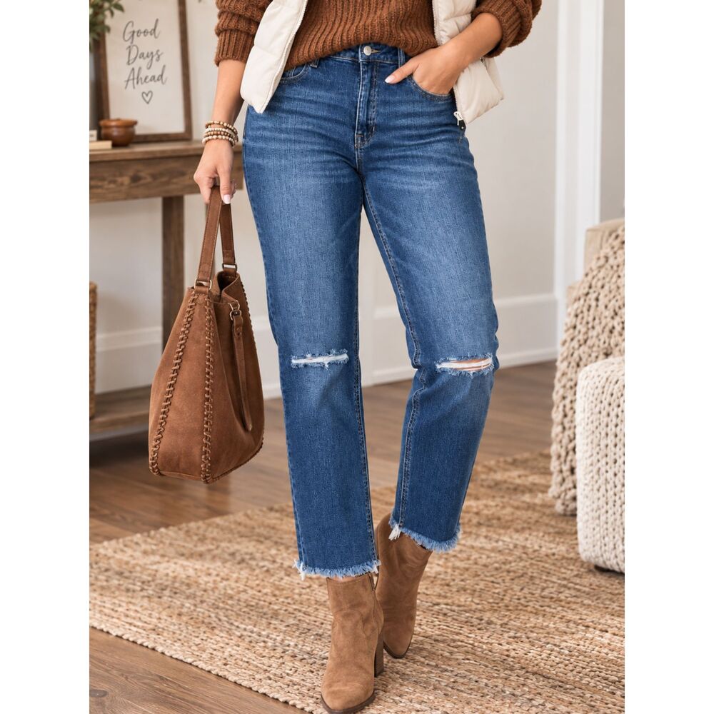 Harper Heritage High Rise Straight Jeans 30 Distressed Raw Hem Medium Wash Denim
